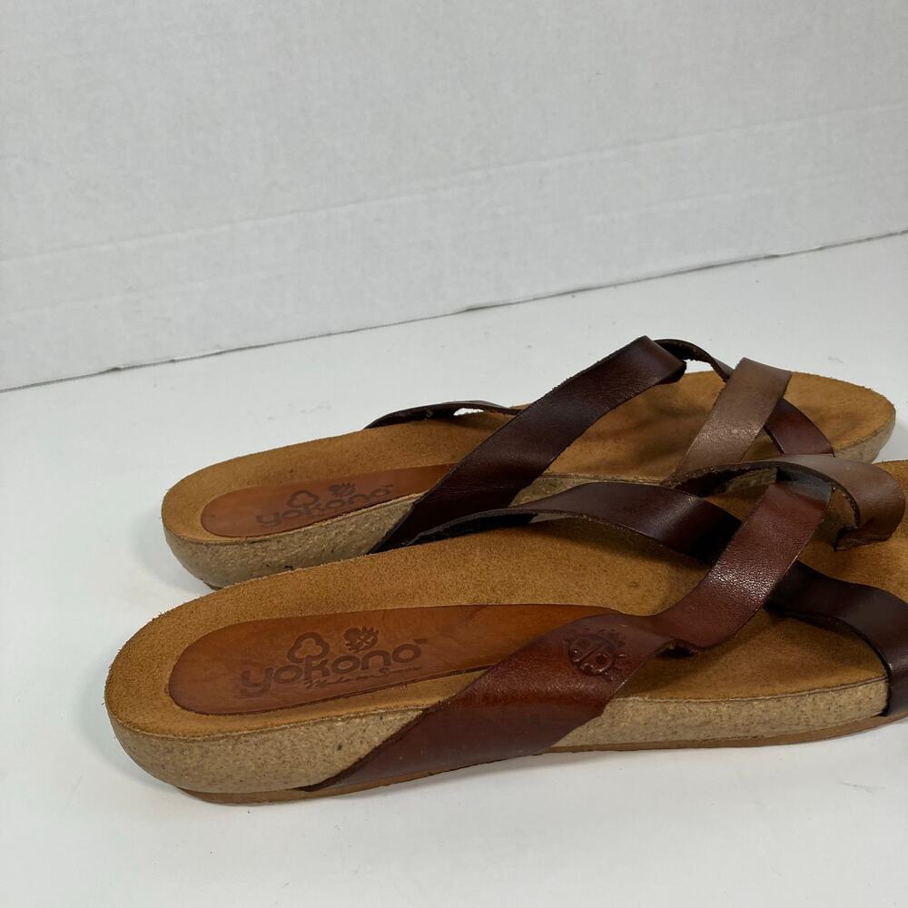 Yokono Sz 6 Brown Leather Comfort Sandals Toe Ring Cross Strap - Picture 10 of 16